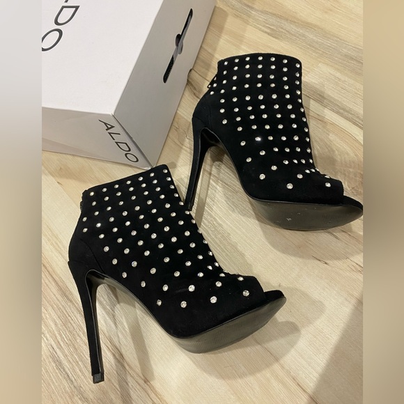 Black Aldo Suede Open Toe Bottie Embellished With Crystal Like Details Size 6 - Picture 4 of 8